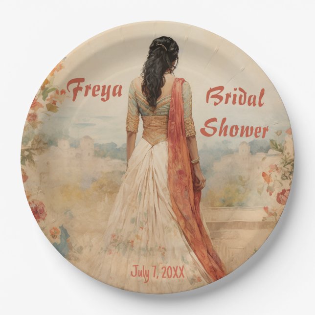 Plato De Papel Hermoso Chica en Sari personalizado (Anverso)