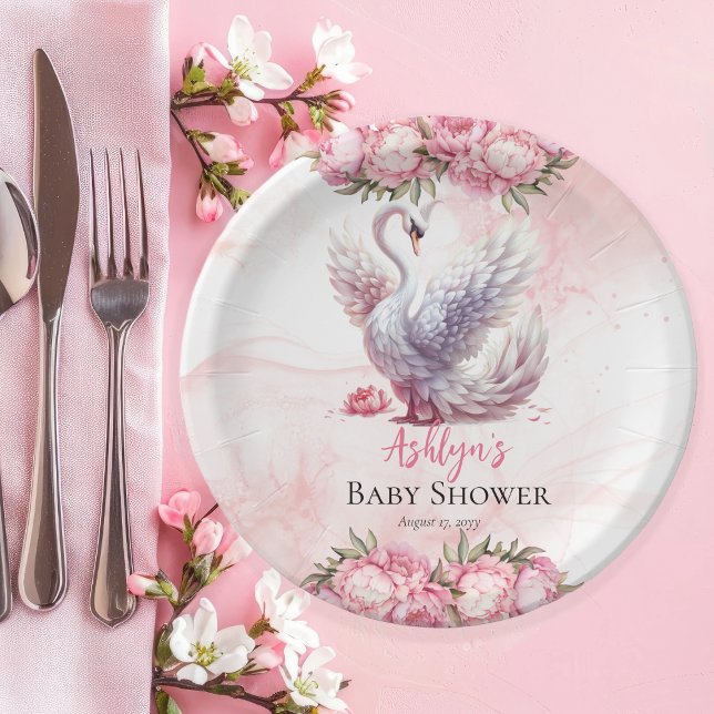 Plato De Papel Hermoso Chica floral rosa de cisne Baby Shower (Beautiful Swan Pink Floral Peonies Girl Baby Shower Paper Plates)