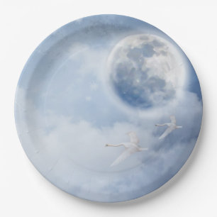 Plato De Papel Hermoso cielo azul con cisnes voladores