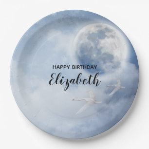 Plato De Papel Hermoso cielo azul con cisnes voladores Cumpleaños