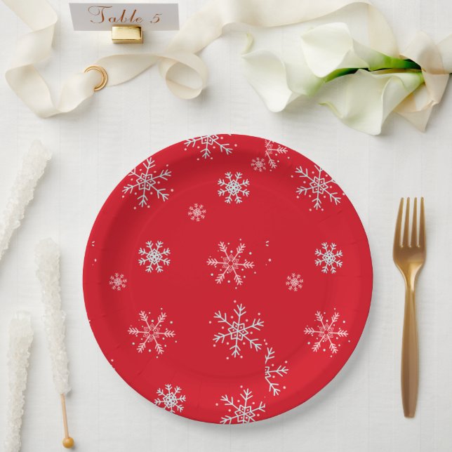 Plato De Papel Hermoso copo de nieve rojo (Boda)