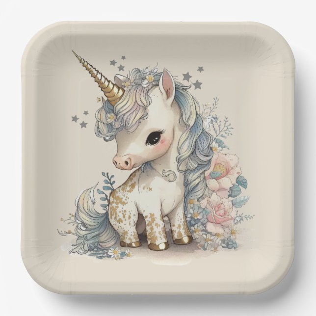 Plato De Papel Hermoso cumpleaños de Cute Unicorn (Anverso)