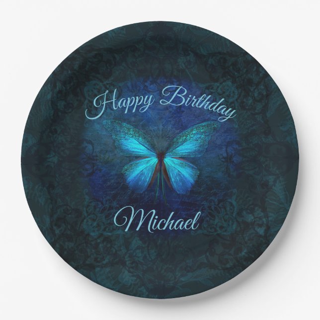 Plato De Papel Hermoso cumpleaños de la mariposa azul (Anverso)