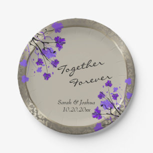 Plato De Papel Hermoso Damasco de Plata Morado Floral y Antiguo