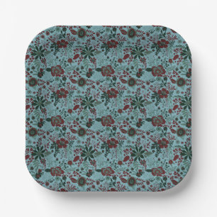 Plato De Papel Hermoso estilo retro de patrón floral en azul past
