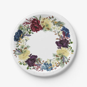 Plato De Papel Hermoso Floral Invernal de Rosas en Corona