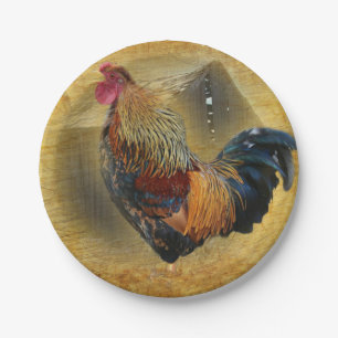 Plato De Papel Hermoso gallo y rústico gallinero