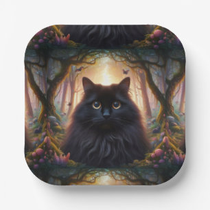 Plato De Papel Hermoso Gato Negro Fluffy con Ojos de Oro