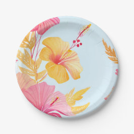 Plato De Papel Hermoso Hibisco | Acuarela de Flor Tropical