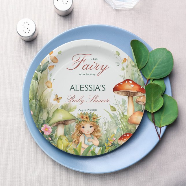 Plato De Papel Hermoso jardín hada ducha de bebé impresa (Enchanted garden mushroom forest fairy baby shower printed paper plates personalized table decor)