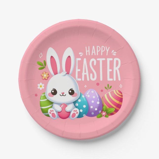 Plato De Papel Hermoso lindo, rosa y feliz Pascua (Anverso)