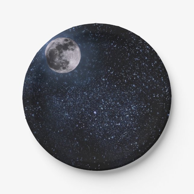 Plato De Papel Hermoso, Luna Llena y Estrellas, Personalizado (Anverso)
