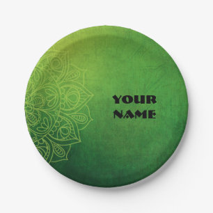 Plato De Papel Hermoso Mandala Verde con nombre