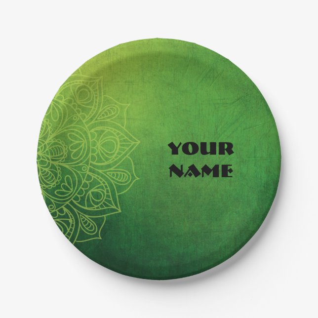 Plato De Papel Hermoso Mandala Verde con nombre (Anverso)