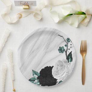 Plato De Papel Hermoso mármol blanco negro de flores verde azulad