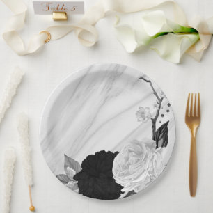 Plato De Papel Hermoso mármol de flores blancas y negras