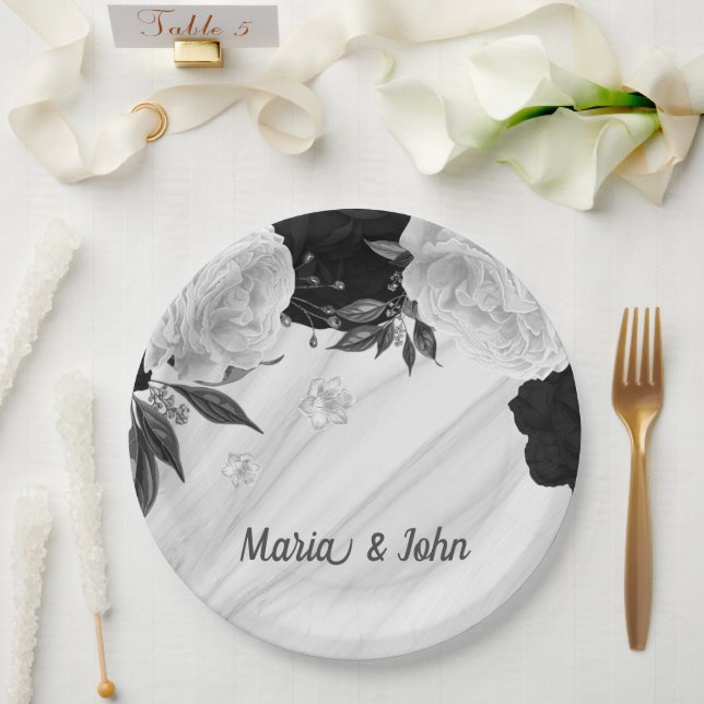 Plato De Papel Hermoso mármol de flores blancas y negras (Boda)