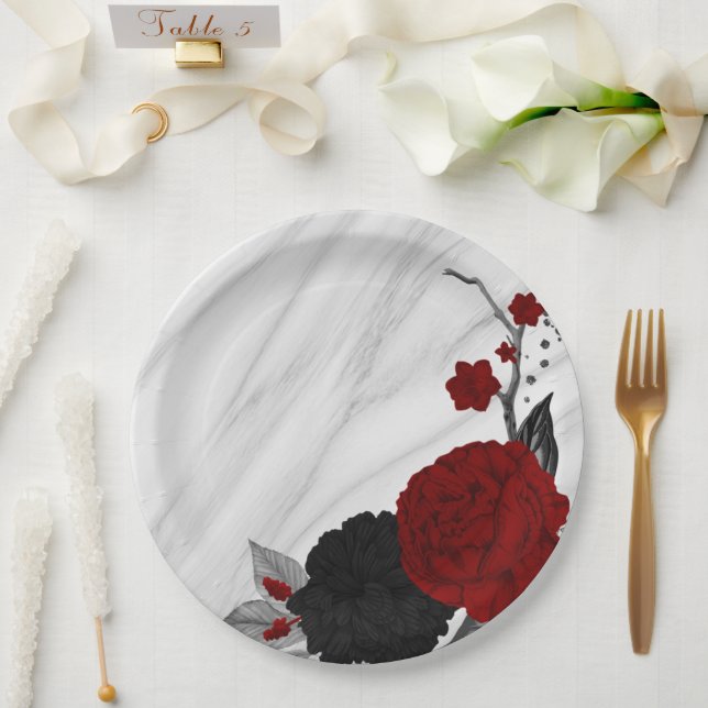 Plato De Papel Hermoso mármol de flores negras y rojas (Boda)