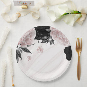 Plato De Papel Hermoso mármol negro y rosa con flores