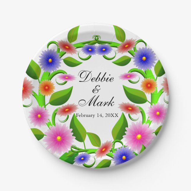 Plato De Papel Hermoso Naranja Rosa Boda de Flores Púrpura (Anverso)