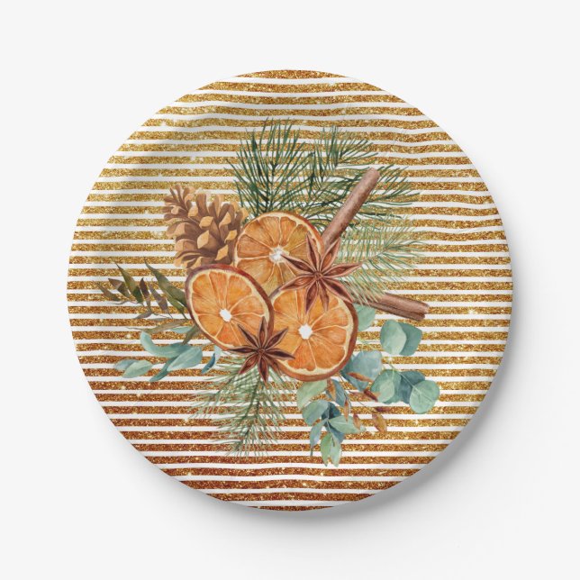 Plato De Papel Hermoso Naranja Slice Pine Bouquet Navidades (Anverso)