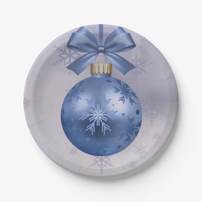 Plato De Papel Hermoso ornamento azul Bobble en una cinta de seda (Anverso)