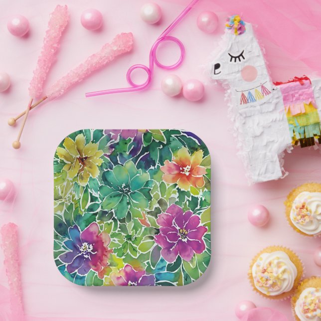 Plato De Papel Hermoso patrón de flor acuarela (Fiesta)