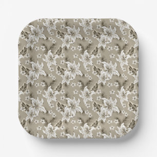 Plato De Papel Hermoso patrón de flores beige