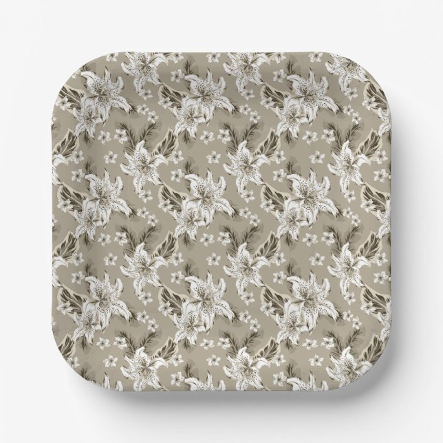 Plato De Papel Hermoso patrón de flores beige (Anverso)