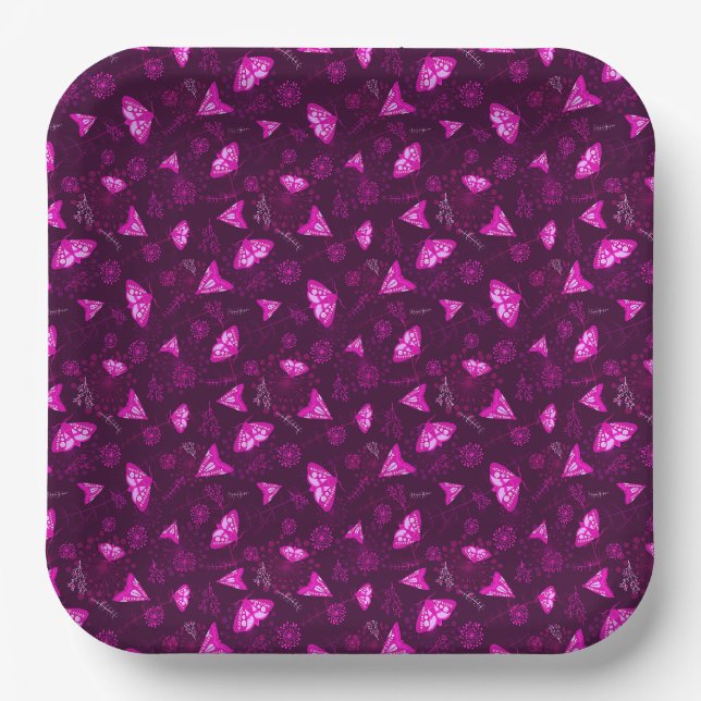 Plato De Papel Hermoso patrón de mariposa rosa (Anverso)