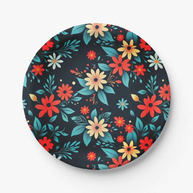 Plato De Papel Hermoso patrón floral de flores-48965 (Anverso)
