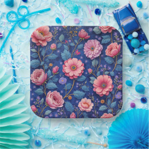 Plato De Papel Hermoso patrón floral rosa y azul