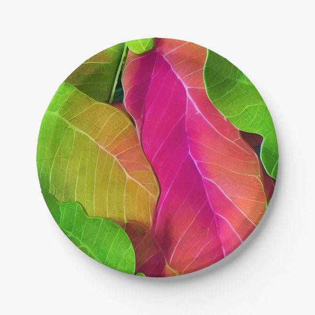 Plato De Papel Hermoso patrón rosa y verde de leafía (Anverso)