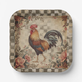 Plato De Papel Hermoso patrón vintage de gallo y flores