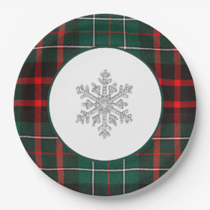 Plato De Papel Hermoso Plaid Rojo y Verde de Navidad Copo de Niev