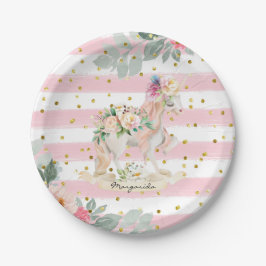Plato De Papel Hermoso Purpurina de franjas rosa pastel de unicor