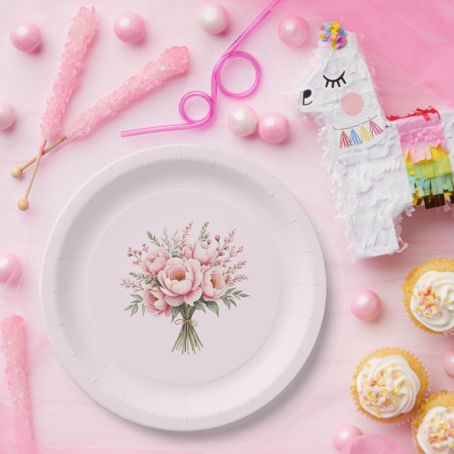 Plato De Papel Hermoso ramo de flores de peonía rosa (Fiesta)