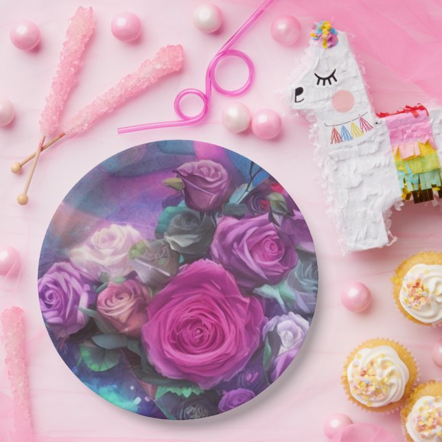 Plato De Papel Hermoso ramo de rosas (Fiesta)