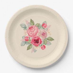 Plato De Papel Hermoso ramo de rosas pintadas de rosa acuarela