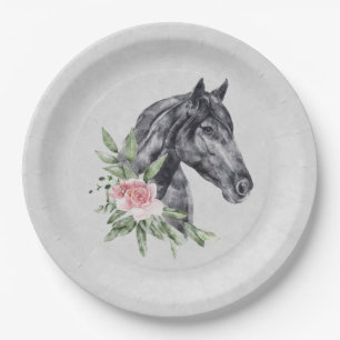 Plato De Papel Hermoso retrato de cabeza de caballo negro
