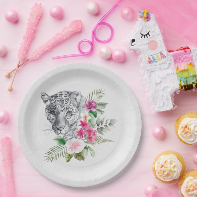 Plato De Papel Hermoso retrato de cabeza de leopardo en acuarela (Fiesta)