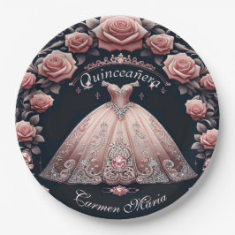 Plato De Papel Hermoso Rosa español de Quinceañera