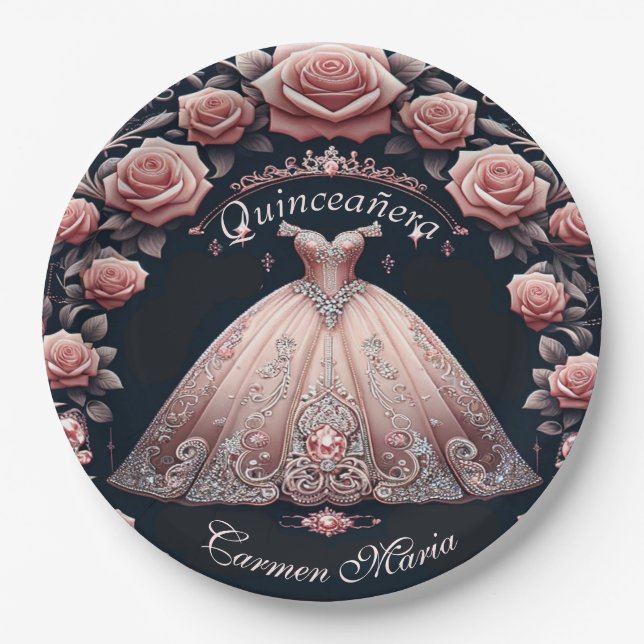 Plato De Papel Hermoso Rosa español de Quinceañera (Anverso)