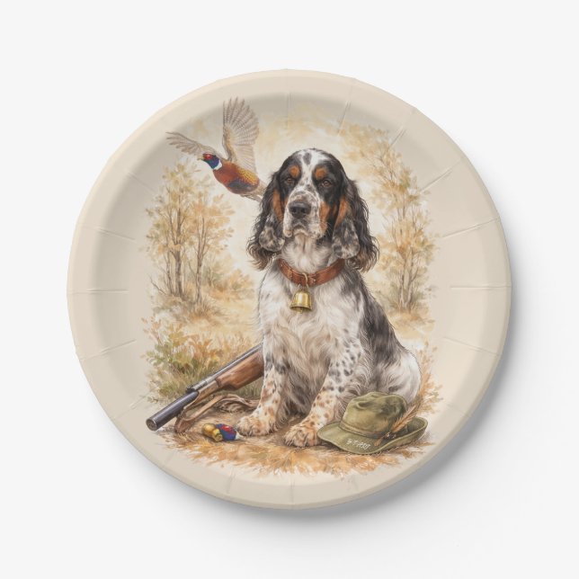 Plato De Papel Hermoso Setter con faisanes, Arte (Anverso)