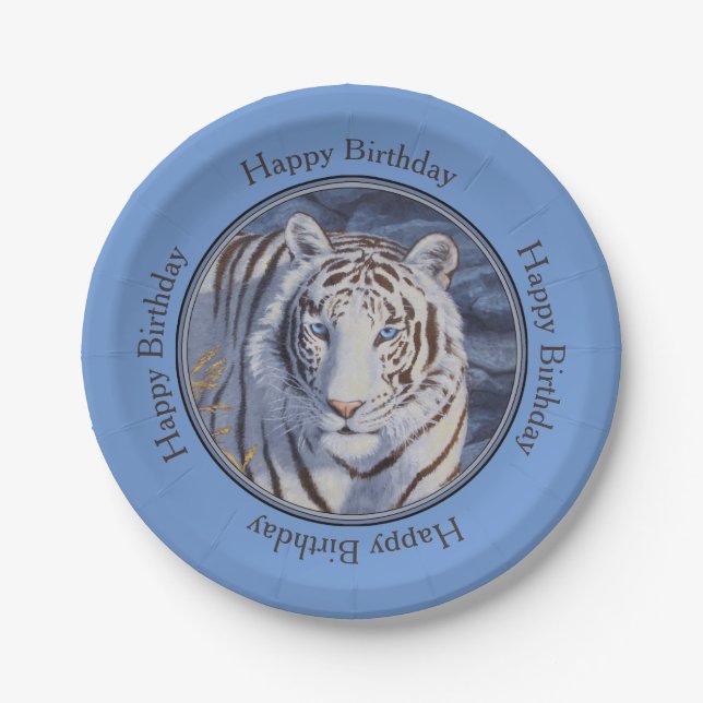 Plato De Papel Hermoso tigre blanco con ojos azul cristal (Anverso)