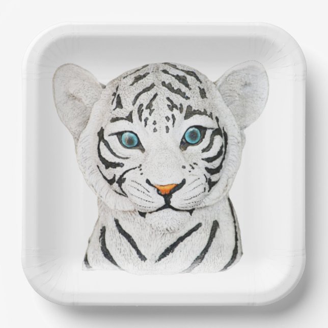 Plato De Papel Hermoso Tigre Blanco Con Ojos Azules (Anverso)