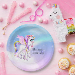 Plato De Papel Hermoso unicornio con cumpleaños Rainbow Mane