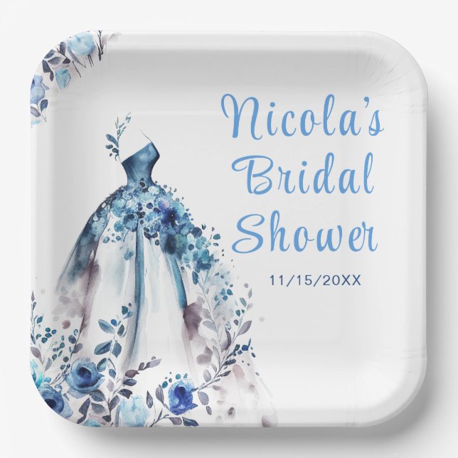 Plato De Papel Hermoso vestido floral azul Bridal Shower (Anverso)