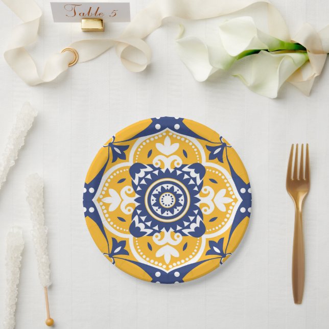 Plato De Papel 💛 💙 🤍 Hermosos Azulejos azules y amarillos (Boda)