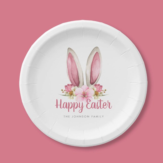 Plato De Papel Hermosos bulos rosados felices pascuas (Cute Pink Floral Bunny Ears Happy Easter Paper Plates)